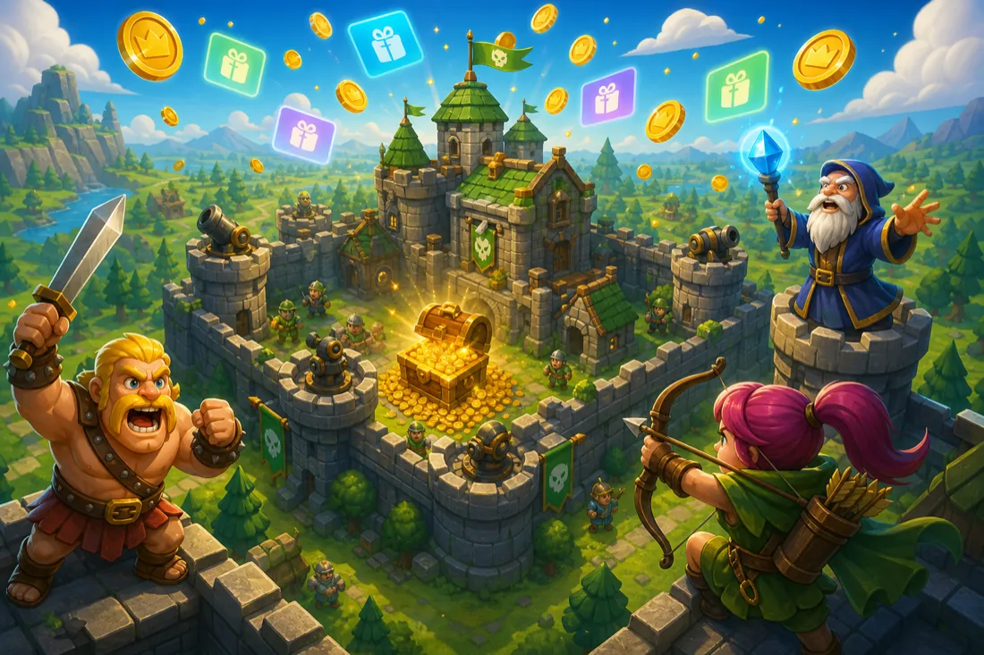 Original cartoon fortress and troops defending a chest of gift-card rewards